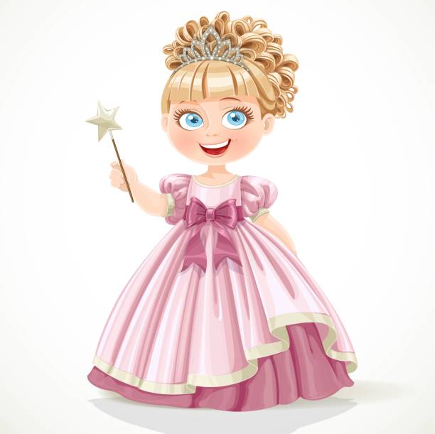 ilustrações, clipart, desenhos animados e ícones de princesa pequena bonito no vestido e na tiara cor-de-rosa que prendem a varinha mágica isolada no fundo branco - fairy cartoon baby girls little girls