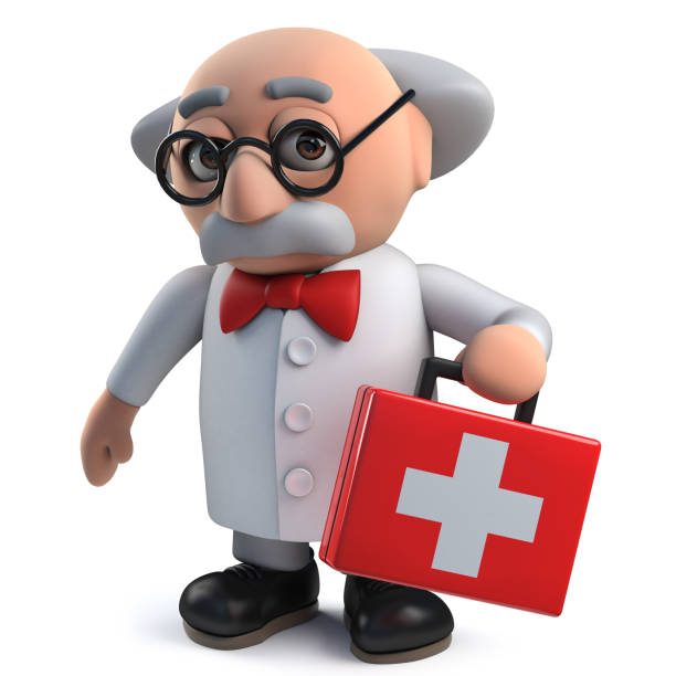istock Crazy mad scientist plays at being doctor by carrying first aid kit in 3d 1162217834