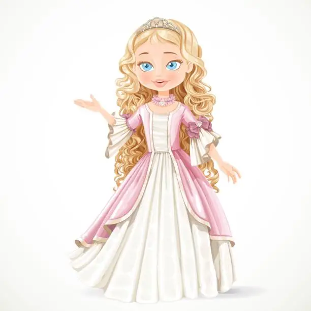 Vector illustration of Beautiful young blond princess in a pink dress and tiara tells i