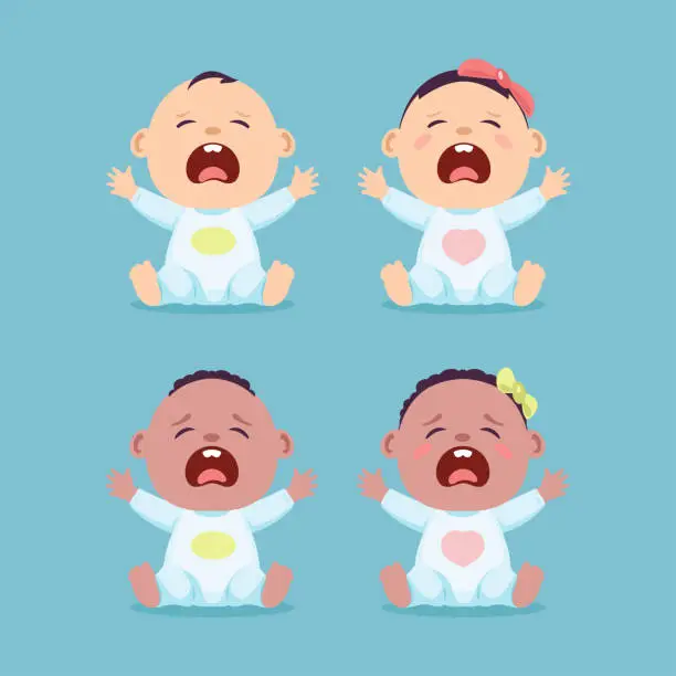 Vector illustration of Set of sitting and crying little caucasian baby and black baby, baby boy and baby girl
