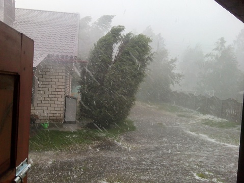 Strong hail storm in summer, wind and a lot of water