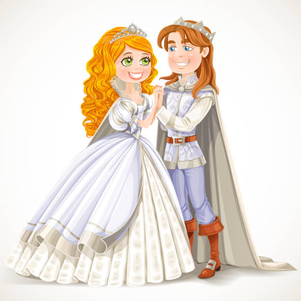 schöne prinz und prinzessin halten hände - wedding medieval king bride stock-grafiken, -clipart, -cartoons und -symbole