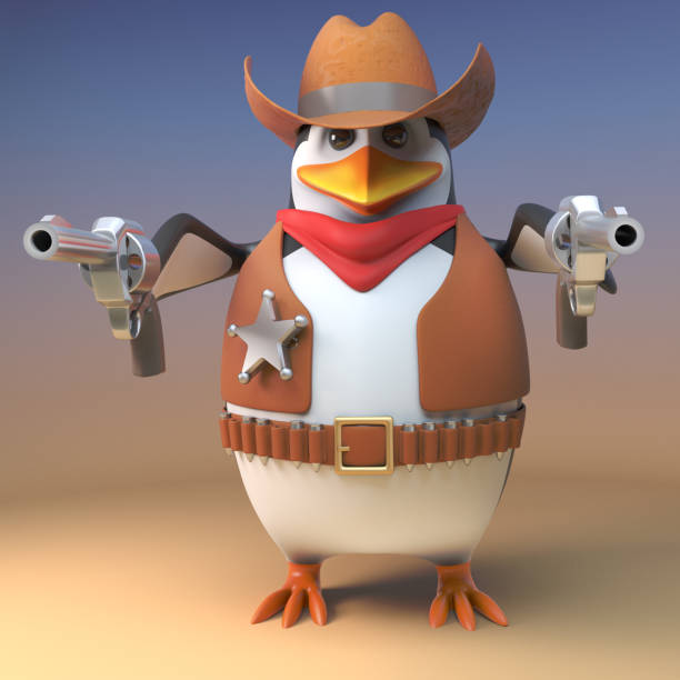 istock Wild west penguin sheriff cowboy points both his pistols at the viewer for dramatic effect, 3d illustration 1162224168