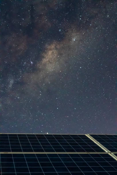 istock Solar Energy Panels view, a nice technology blue pattern at Atacama Desert arid lands. The solar modules going to the infinity with the Milky Way trying to get energy from the stars on the night sky and converting it into electricity an amazing night view 1162224962