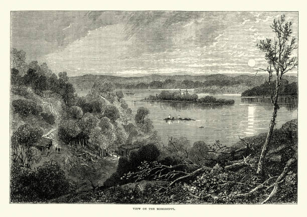 вид на реку миссисипи, 19 век - mississippi river illustrations stock illustrations