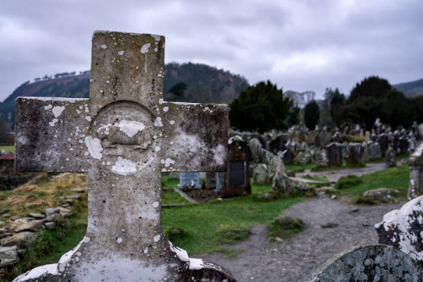 墓地と墓石を背景に墓石に古いカトリック花崗岩の十字架, グレンダロー, アイルランド - grave cemetery celtic culture tombstone ストックフォトと画像