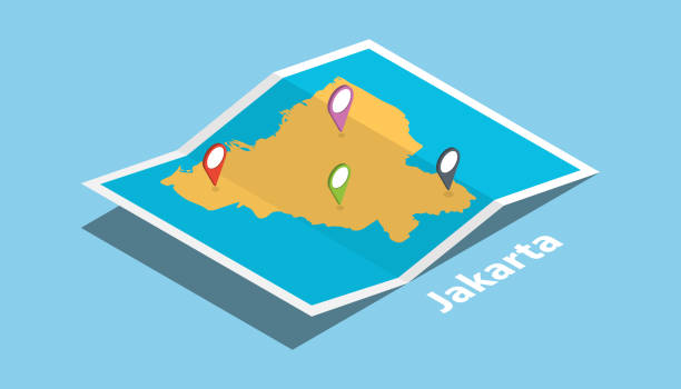 explore jakarta maps with isometric style and pin location tag on top explore jakarta maps with isometric style and pin location tag on top vector illustration jakarta stock illustrations