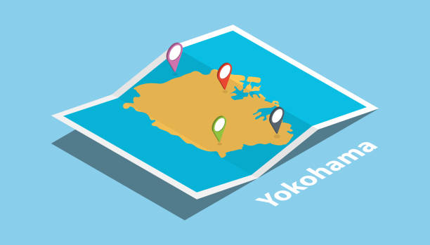 横浜ジャパンは、アイソメスタイルとピン位置タグを上部に付した地図を探索する - 横浜点のイラスト素材／クリップアート素材／マンガ素材／アイコン素材