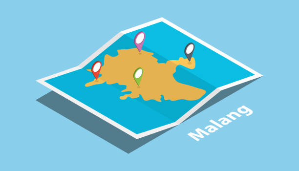 malang indonesia java eksplorować mapy z izometrycznym stylem i tagiem lokalizacji na górze - malang stock illustrations
