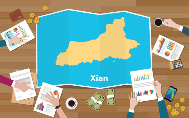 ilustrações de stock, clip art, desenhos animados e ícones de xian shaanxi province china city region economy growth with team discuss on fold maps view from top - shaanxi province illustrations