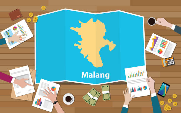 illustrazioni stock, clip art, cartoni animati e icone di tendenza di malang indonesia java città regione crescita economica con il team discutere su piega mappe vista dall'alto - malang