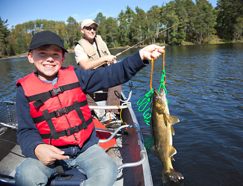 Smiling boy fisherman in a canoe holds up a stringer with nice walleyes
