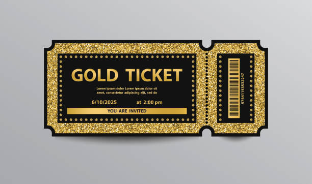 Golden ticket Golden glittering stub ticket template. ticket stub stock illustrations