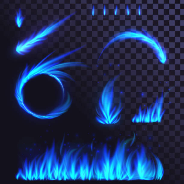 Set of blue fire elements Set of blue fire elements, ring of fire, fireball, flames, bonfire blue flames stock illustrations