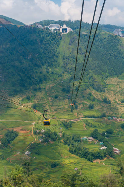 istock Cable car riding over mountain landscape. Travel adventures background 1162241789