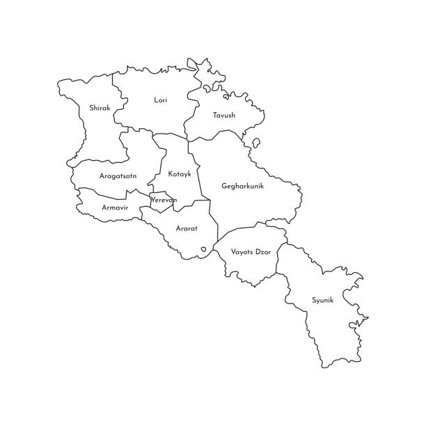 wektor izolowane ilustracja uproszczonej mapy administracyjnej armenii. granice i nazwy regionów. sylwetki z czarnej linii - ararat stock illustrations
