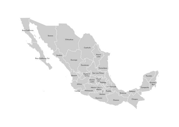 ilustrações, clipart, desenhos animados e ícones de vector a ilustração isolada do mapa administrativo simplificado de méxico (estados mexicanos unidos) ï» ¿. fronteiras e nomes das províncias (regiões). silhuetas cinzentas. esboço branco - méxico