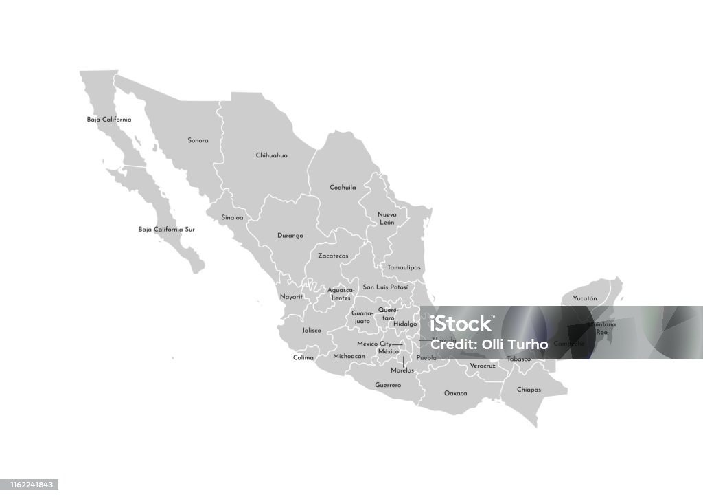 Векторная изолированная иллюстрация упрощенной административной карты Мексики (Соединенные Штаты Мексики) ». Границы и названия провинци� - Векторная графика Мексика роялти-фри