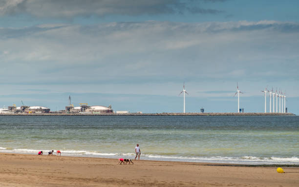 terminal de gnl vista desde la playa en zoute, knokke-heist, bélgica. - belgium bruges windmill europe fotografías e imágenes de stock