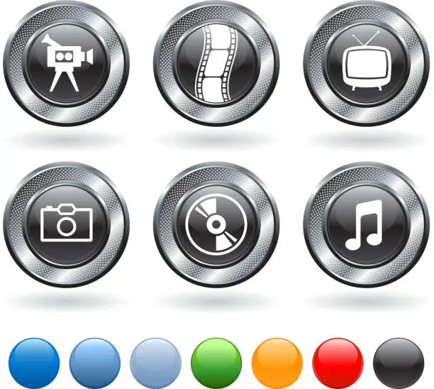 Vector illustration of Media vector icon set on buttons with metallic border