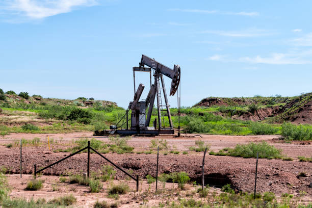 pompaggio su giacimenti petroliferi nelle praterie di post, texas con macchina che pompa olio durante il giorno - oil pump oil industry prairie field foto e immagini stock