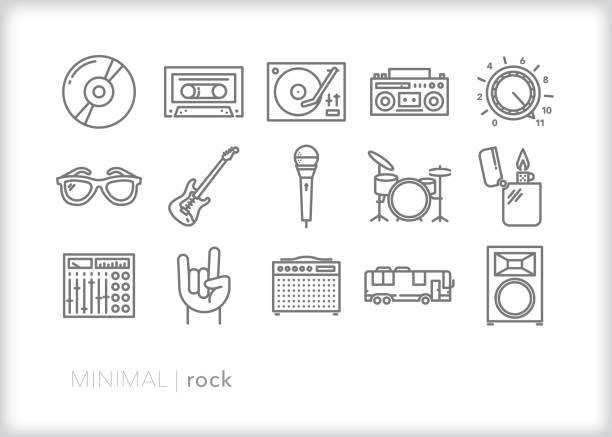 Rock and roll band line icons set Set of 15 rock and roll band line icons of music, musicians and concert equipment including microphone, speaker, soundboard, guitar, drums, lighter, cd, cassette tape, turntable, boombox, amp, and RV for roadies drum line stock illustrations