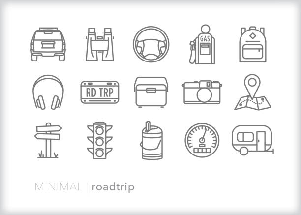 ilustraciones, imágenes clip art, dibujos animados e iconos de stock de conjunto de iconos de línea de roadtrip - mobile home audio
