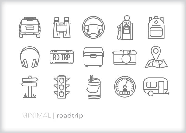 Roadtrip line icon set Set of 15 road trip line icons for family vacations in the car, including steering wheel, license plate, cooler, headphones, backpack, camera, map, camper, speedometer, gas station and road sign cooler stock illustrations