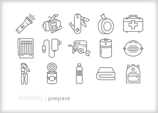 Emergency preparation line icon set Set of 15 prepare line icons for evacuation, emergency, prepper culture, and generally being prepared for fire, tornado, hurricane, flood or other natural or man-made disaster preparation stock illustrations