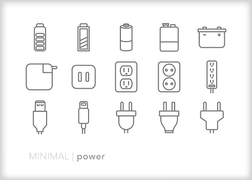 Set of 15 power, battery, and energy line icons for showing phone or electronic charge amount