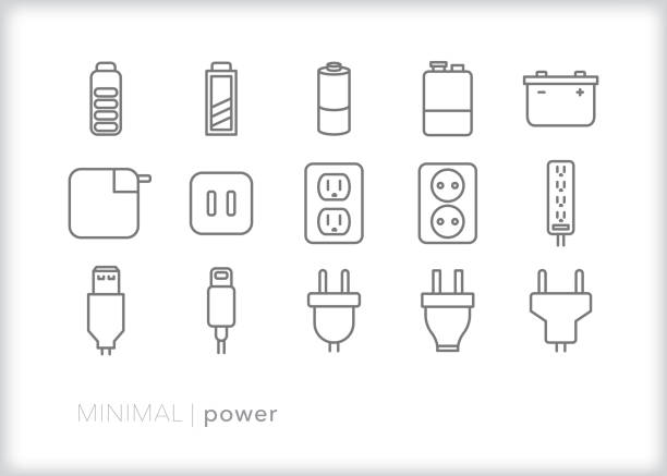 Power and energy line icon set Set of 15 power, battery, and energy line icons for showing phone or electronic charge amount electrical plug stock illustrations