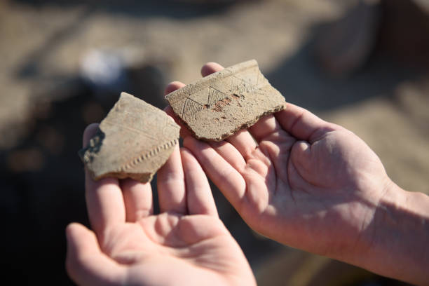 The archaeologist holds in his hands the ancient ceramics.