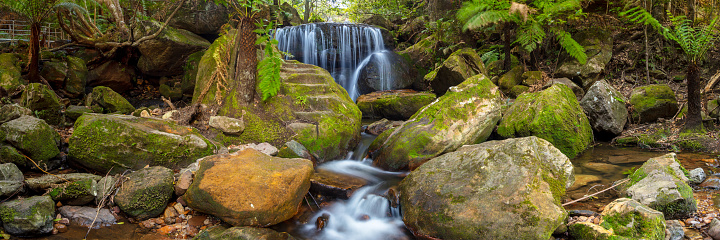 Panoramic of waterfall along Leura Canyon, Blue Mountains, Sydney, New South Wales