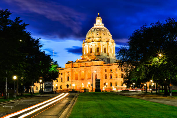 istock Minnesota Capitol Building in St. Paul with Traffic Light Trails 1162254156