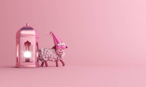 Sheep with glasses and  arabic lamp lantern on studio lighting pink pastel background. Design creative concept of islamic celebration eid al adha, ramadan or happy birthday.