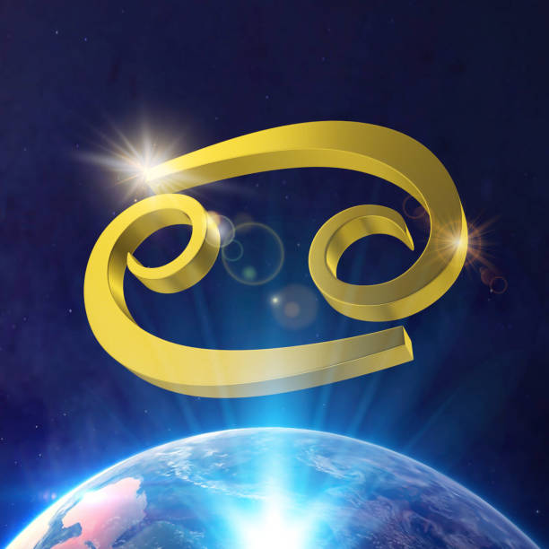 3D gold cancer astrology sign is standing above a colorfull planet in space with blue light rays from below.