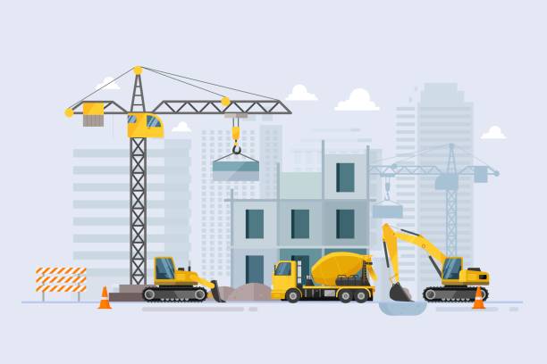 в стадии строительства строительный процесс с строительными машинами. иллюстрация вектора - construction stock illustrations
