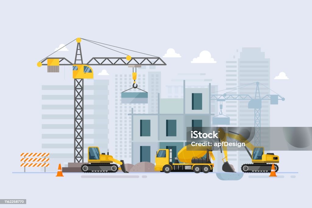 Under Construction Building Work Process With Construction Machines Vector  Illustration Stock Illustration - Download Image Now - iStock