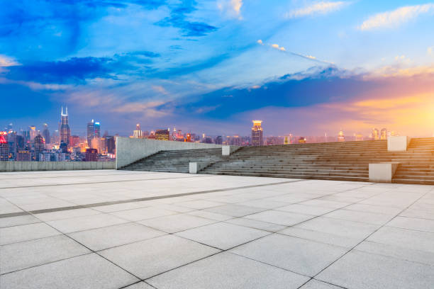 istock Empty floor and modern city skyline in Shanghai at sunset,high angle view 1162259681