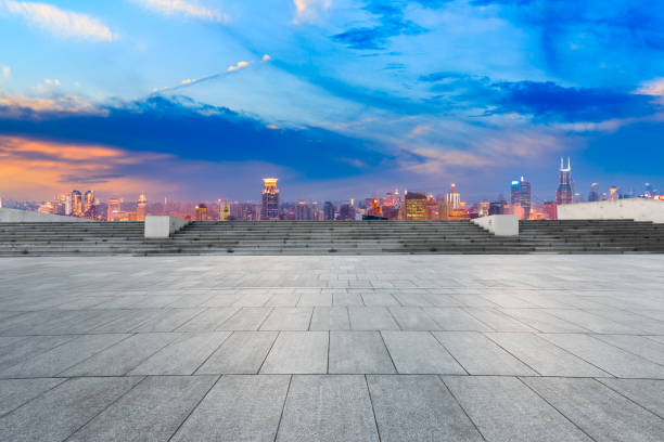 istock Empty floor and modern city skyline in Shanghai at sunset,high angle view 1162259755