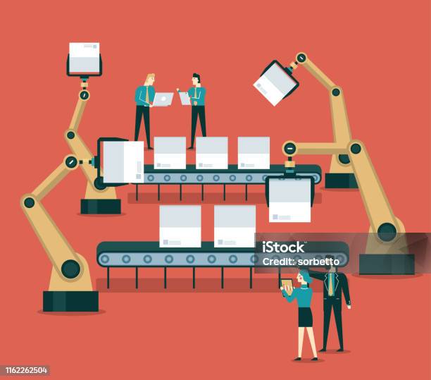 자동화 로봇 암 기계 자동화에 대한 스톡 벡터 아트 및 기타 이미지 - 자동화, 마케팅, 공장-산업 건물