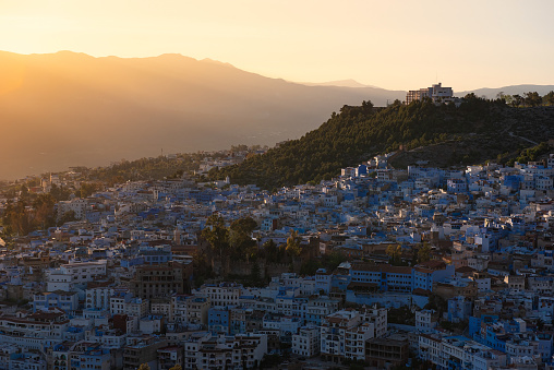 Panorama of blue Medina of Chefchaouen city at sunset in Morocco, AfricaPanorama of blue Medina of Chefchaouen city at sunset in Morocco, Africa