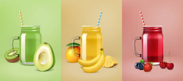 Realistic vector fruit smoothie posters. Realistic vector fruit smoothie posters. Mason jars with fruits and berries. Glasses of lemonade, smoothies or cold drinks. Avocado, kiwi, mango, banana, pineapple, strawberry, blueberry, cherry mason jar stock illustrations
