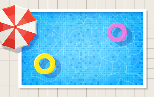 Summer swimming pool with umbrella and two swimming ring on water. Top view vector illustration background.