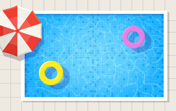 Summer swimming pool with umbrella and two swimming ring on water. Summer swimming pool with umbrella and two swimming ring on water. Top view vector illustration background. swimming pool background stock illustrations