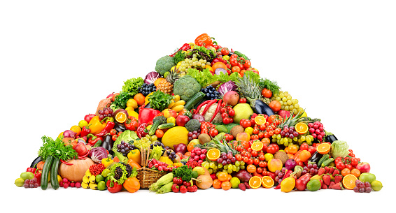 Pyramid fresh fruits and vegetables isolated on white background. Assorted healthy food.