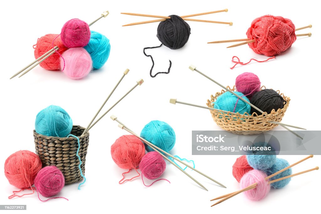 Assorted woolen yarn balls Assorted woolen yarn balls isolated on white background Sewing Needle Stock Photo