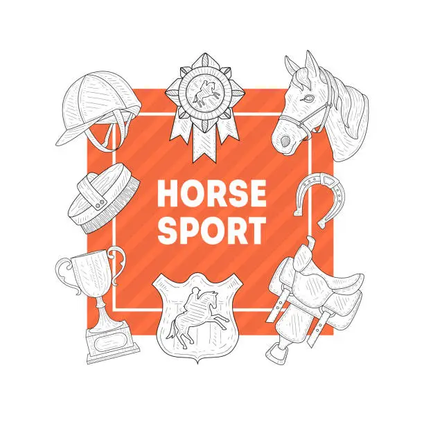 Vector illustration of Horse Sport Banner Template with Horseback Equipment, Horse School, Riding Lessons, Horse Breeding, Equestrian Club, Monochrome Hand Drawn Vector Illustration