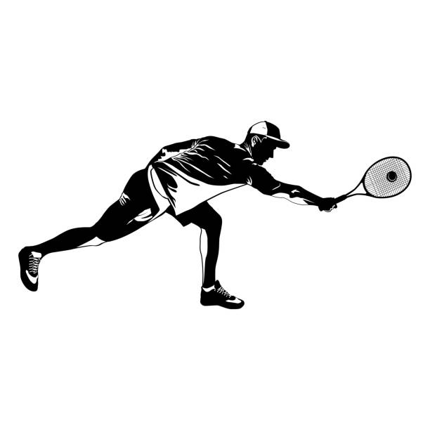 illustrations, cliparts, dessins animés et icônes de silhouette noire de joueur de tennis sur le fond blanc, illustration de vecteur - tennis silhouette playing forehand