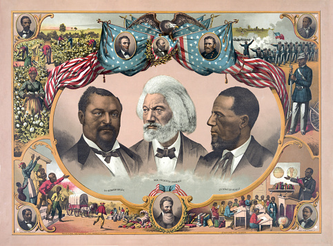 Vintage illustration features portraits of African-American heroes, including Blanche Kelso Bruce, Frederick Douglass, and Hiram Rhoades Revels, surrounded by scenes of African-American life in the mid 1800s and portraits of Abraham Lincoln, James A. Garfield, and Ulysses S. Grant.